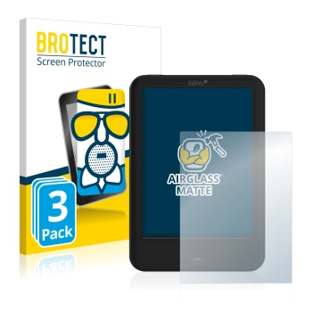 Parte frontale di una confezione del prodotto con il logo del marchio BROTECT. Accanto è raffigurato il dispositivo Tolino Shi