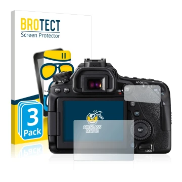 Parte frontale di una confezione del prodotto con il logo del marchio BROTECT. Accanto è raffigurato il dispositivo Canon EOS 