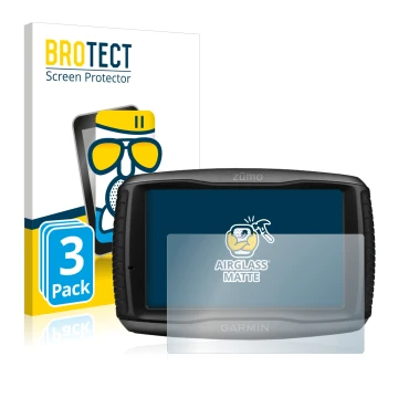 Parte frontale di una confezione del prodotto con il logo del marchio BROTECT. Accanto è raffigurato il dispositivo Garmin zum