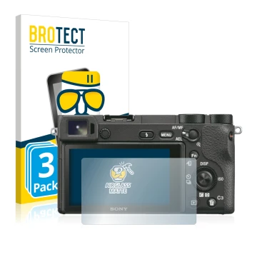 Parte frontale di una confezione del prodotto con il logo del marchio BROTECT. Accanto è raffigurato il dispositivo Sony Alpha