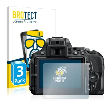 Parte frontale di una confezione del prodotto con il logo del marchio BROTECT. Accanto è raffigurato il dispositivo Nikon D560