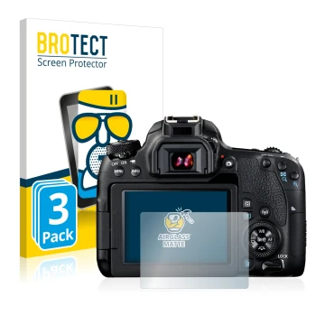 Parte frontale di una confezione del prodotto con il logo del marchio BROTECT. Accanto è raffigurato il dispositivo Canon EOS 