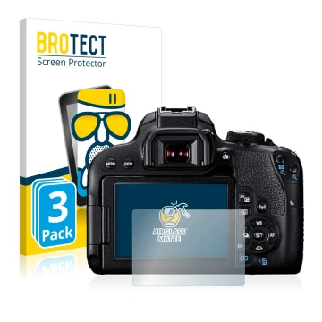 Parte frontale di una confezione del prodotto con il logo del marchio BROTECT. Accanto è raffigurato il dispositivo Canon EOS 