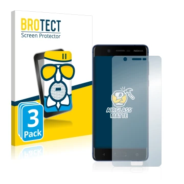 Parte frontale di una confezione del prodotto con il logo del marchio BROTECT. Accanto è raffigurato il dispositivo Nokia 5 co
