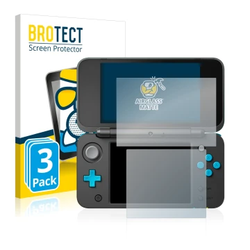 Parte frontale di una confezione del prodotto con il logo del marchio BROTECT. Accanto è raffigurato il dispositivo Nintendo 2