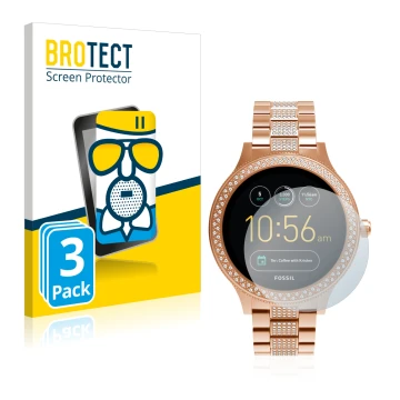 Parte frontale di una confezione del prodotto con il logo del marchio BROTECT. Accanto è raffigurato il dispositivo Fossil Q V