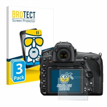 Parte frontale di una confezione del prodotto con il logo del marchio BROTECT. Accanto è raffigurato il dispositivo Nikon D850