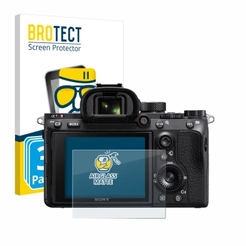 Parte frontale di una confezione del prodotto con il logo del marchio BROTECT. Accanto è raffigurato il dispositivo Sony Alpha