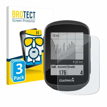 Parte frontale di una confezione del prodotto con il logo del marchio BROTECT. Accanto è raffigurato il dispositivo Garmin Edg