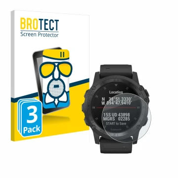 Parte frontale di una confezione del prodotto con il logo del marchio BROTECT. Accanto è raffigurato il dispositivo Garmin Tac