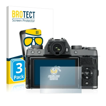 Parte frontale di una confezione del prodotto con il logo del marchio BROTECT. Accanto è raffigurato il dispositivo Fujifilm X