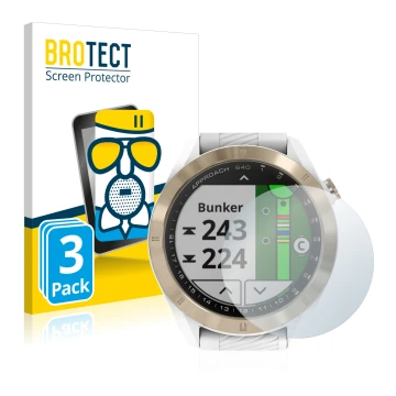 Parte frontale di una confezione del prodotto con il logo del marchio BROTECT. Accanto è raffigurato il dispositivo Garmin App