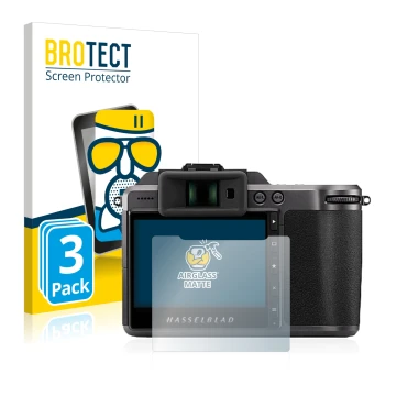 Parte frontale di una confezione del prodotto con il logo del marchio BROTECT. Accanto è raffigurato il dispositivo Hasselblad