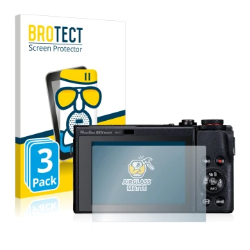 Parte frontale di una confezione del prodotto con il logo del marchio BROTECT. Accanto è raffigurato il dispositivo Canon Powe