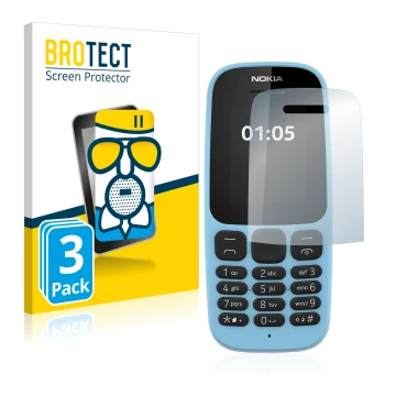Parte frontale di una confezione del prodotto con il logo del marchio BROTECT. Accanto è raffigurato il dispositivo Nokia 105 