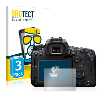 Parte frontale di una confezione del prodotto con il logo del marchio BROTECT. Accanto è raffigurato il dispositivo Canon EOS 