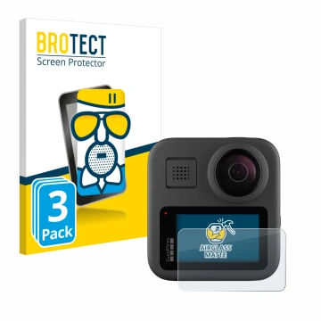 Parte frontale di una confezione del prodotto con il logo del marchio BROTECT. Accanto è raffigurato il dispositivo GoPro Max 