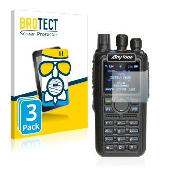 Parte frontale di una confezione del prodotto con il logo del marchio BROTECT. Accanto è raffigurato il dispositivo AnyTone AT