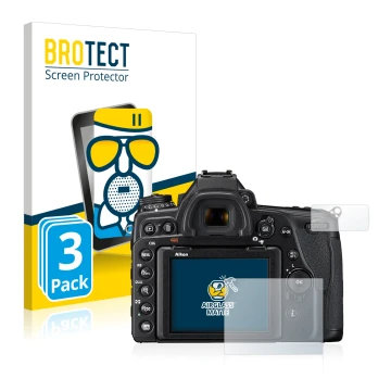 Parte frontale di una confezione del prodotto con il logo del marchio BROTECT. Accanto è raffigurato il dispositivo Nikon D780