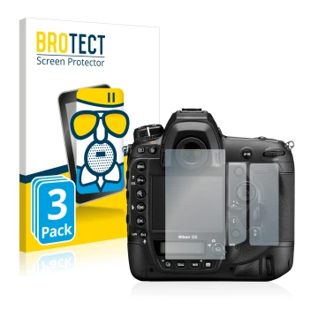 Parte frontale di una confezione del prodotto con il logo del marchio BROTECT. Accanto è raffigurato il dispositivo Nikon D6 c