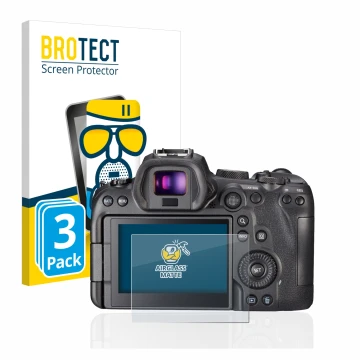 Parte frontale di una confezione del prodotto con il logo del marchio BROTECT. Accanto è raffigurato il dispositivo Canon EOS 