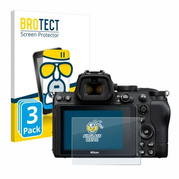 Parte frontale di una confezione del prodotto con il logo del marchio BROTECT. Accanto è raffigurato il dispositivo Nikon Z 5 