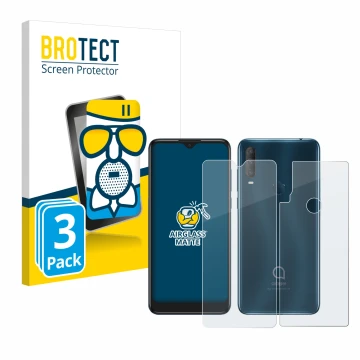 Parte frontale di una confezione del prodotto con il logo del marchio BROTECT. Accanto è raffigurato il dispositivo Alcatel 1S