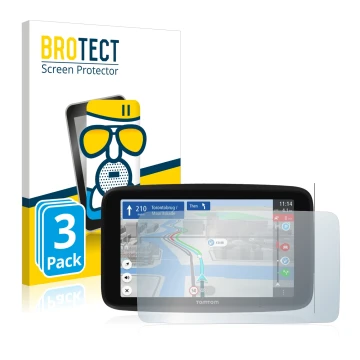 Parte frontale di una confezione del prodotto con il logo del marchio BROTECT. Accanto è raffigurato il dispositivo TomTom GO 