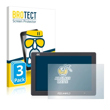 Parte frontale di una confezione del prodotto con il logo del marchio BROTECT. Accanto è raffigurato il dispositivo Feelworld 
