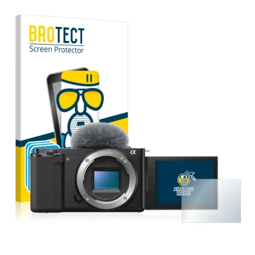 Parte frontale di una confezione del prodotto con il logo del marchio BROTECT. Accanto è raffigurato il dispositivo Sony Alpha