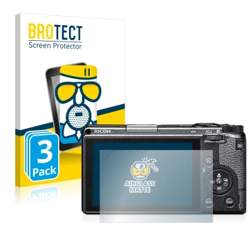 Parte frontale di una confezione del prodotto con il logo del marchio BROTECT. Accanto è raffigurato il dispositivo Ricoh GR I
