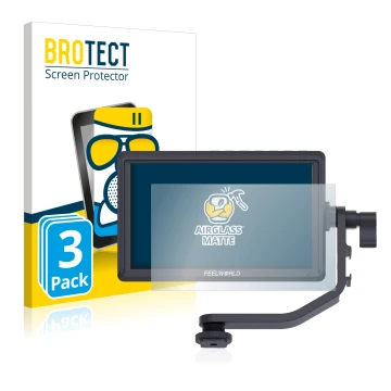 Parte frontale di una confezione del prodotto con il logo del marchio BROTECT. Accanto è raffigurato il dispositivo Feelworld 