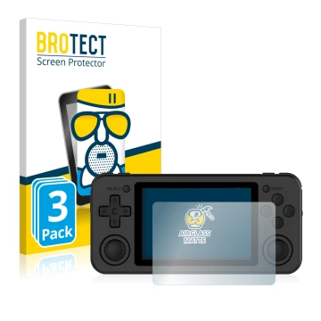 Parte frontale di una confezione del prodotto con il logo del marchio BROTECT. Accanto è raffigurato il dispositivo Anbernic R