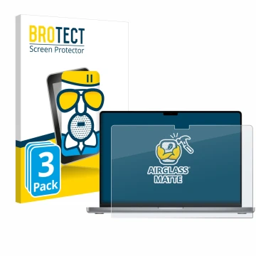 Parte frontale di una confezione del prodotto con il logo del marchio BROTECT. Accanto è raffigurato il dispositivo Apple MacB