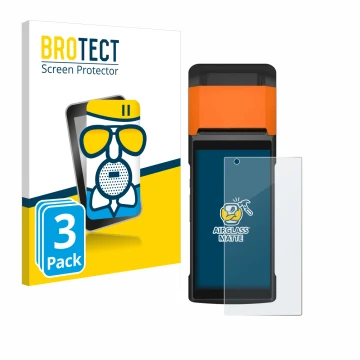 Parte frontale di una confezione del prodotto con il logo del marchio BROTECT. Accanto è raffigurato il dispositivo Sunmi V2s 