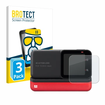 Parte frontale di una confezione del prodotto con il logo del marchio BROTECT. Accanto è raffigurato il dispositivo Insta360 O