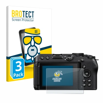 Parte frontale di una confezione del prodotto con il logo del marchio BROTECT. Accanto è raffigurato il dispositivo Nikon Z 30
