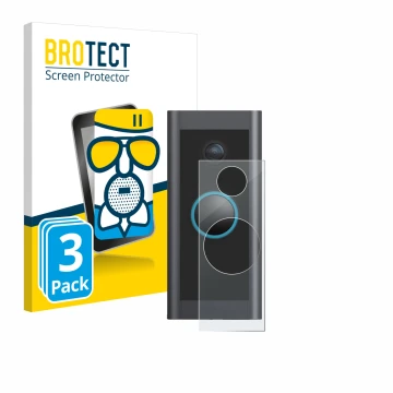 Parte frontale di una confezione del prodotto con il logo del marchio BROTECT. Accanto è raffigurato il dispositivo Ring Video