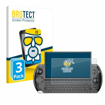 Parte frontale di una confezione del prodotto con il logo del marchio BROTECT. Accanto è raffigurato il dispositivo GPD Win 4 