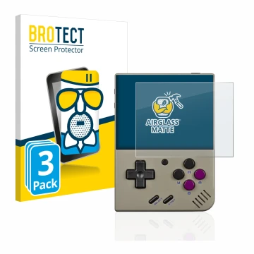 Parte frontale di una confezione del prodotto con il logo del marchio BROTECT. Accanto è raffigurato il dispositivo Miyoo Mini