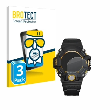 Parte frontale di una confezione del prodotto con il logo del marchio BROTECT. Accanto è raffigurato il dispositivo Casio G-Sh