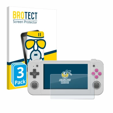 Parte frontale di una confezione del prodotto con il logo del marchio BROTECT. Accanto è raffigurato il dispositivo Anbernic R