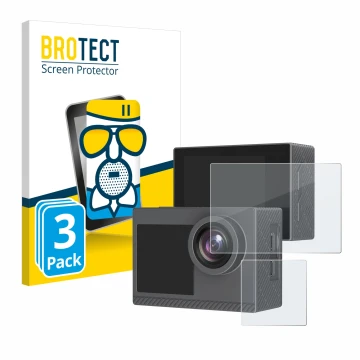 Parte frontale di una confezione del prodotto con il logo del marchio BROTECT. Accanto è raffigurato il dispositivo Akaso Brav
