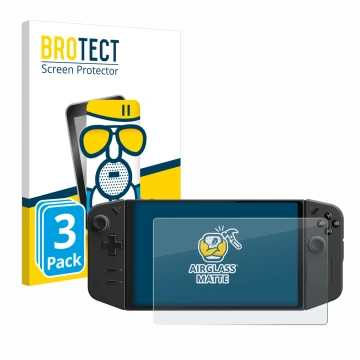 Parte frontale di una confezione del prodotto con il logo del marchio BROTECT. Accanto è raffigurato il dispositivo Lenovo Leg