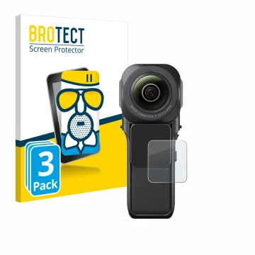 Parte frontale di una confezione del prodotto con il logo del marchio BROTECT. Accanto è raffigurato il dispositivo Insta360 O