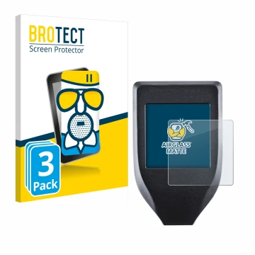 Parte frontale di una confezione del prodotto con il logo del marchio BROTECT. Accanto è raffigurato il dispositivo Trezor Mod