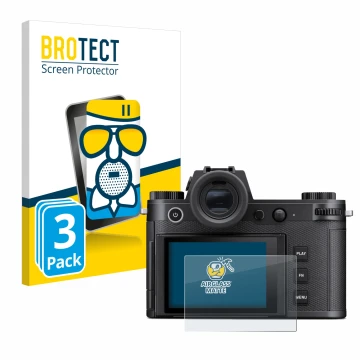 Parte frontale di una confezione del prodotto con il logo del marchio BROTECT. Accanto è raffigurato il dispositivo Leica SL3 