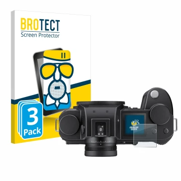 Parte frontale di una confezione del prodotto con il logo del marchio BROTECT. Accanto è raffigurato il dispositivo Leica SL3 