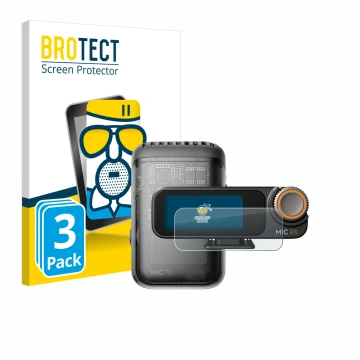 Parte frontale di una confezione del prodotto con il logo del marchio BROTECT. Accanto è raffigurato il dispositivo DJI Mic 2 