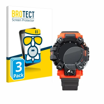 Parte frontale di una confezione del prodotto con il logo del marchio BROTECT. Accanto è raffigurato il dispositivo Casio G-Sh